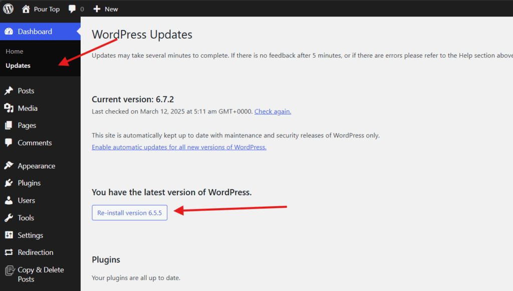 wordpress revert to previous version